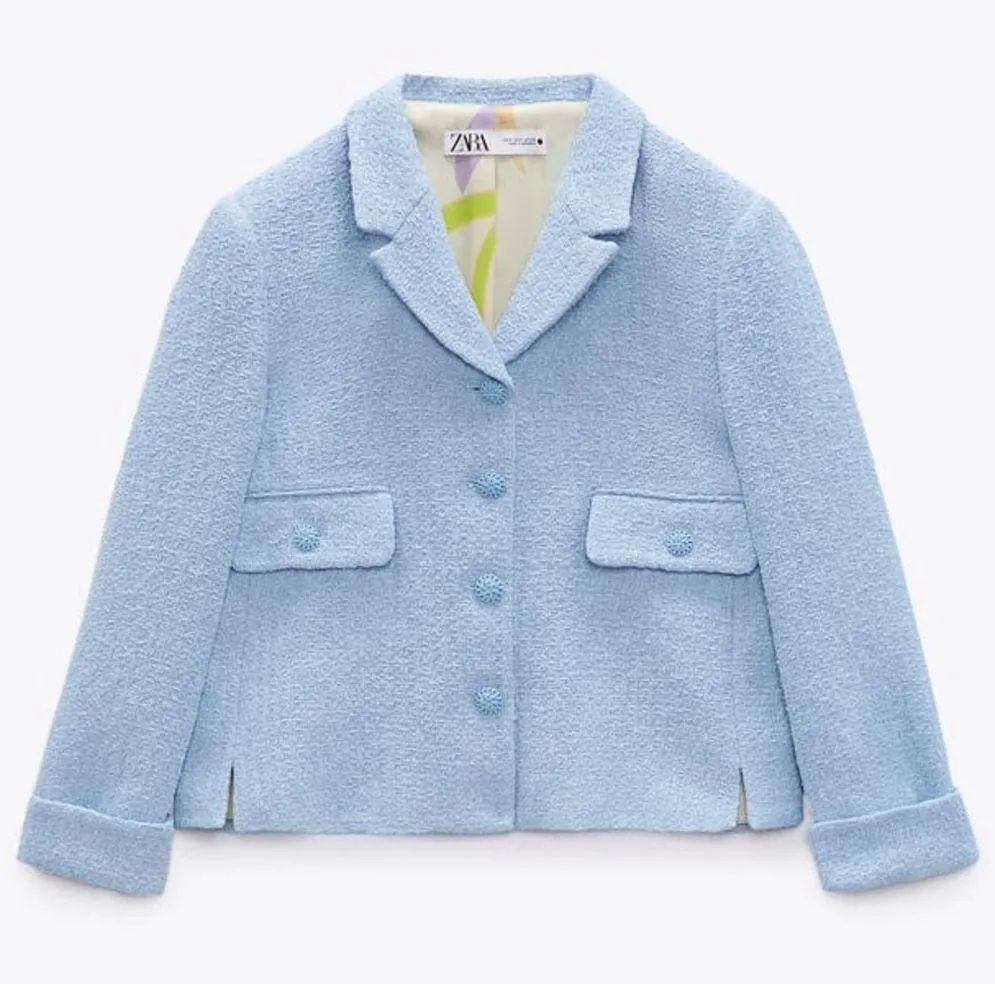 Zara TWEED WEAVE TEXTURED BLAZER WITH BUTTON DETAILS BABY BLUE SIZE XS NEW - Image 10