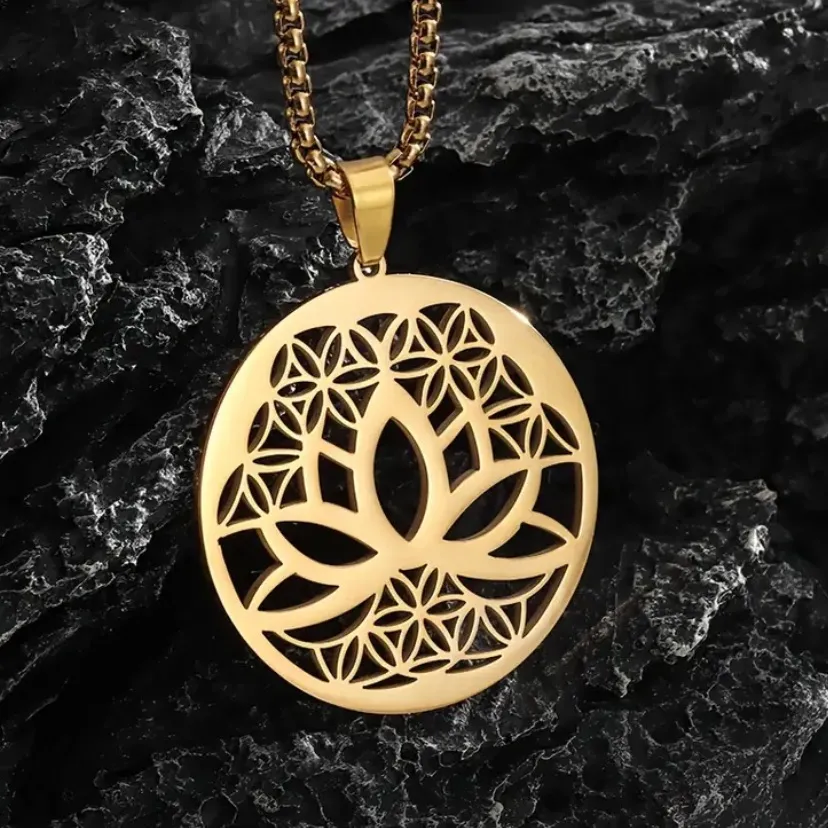 18K Gold Lotus Mandala Pendant Necklace – Stainless Steel Yoga Jewelry - Image 3