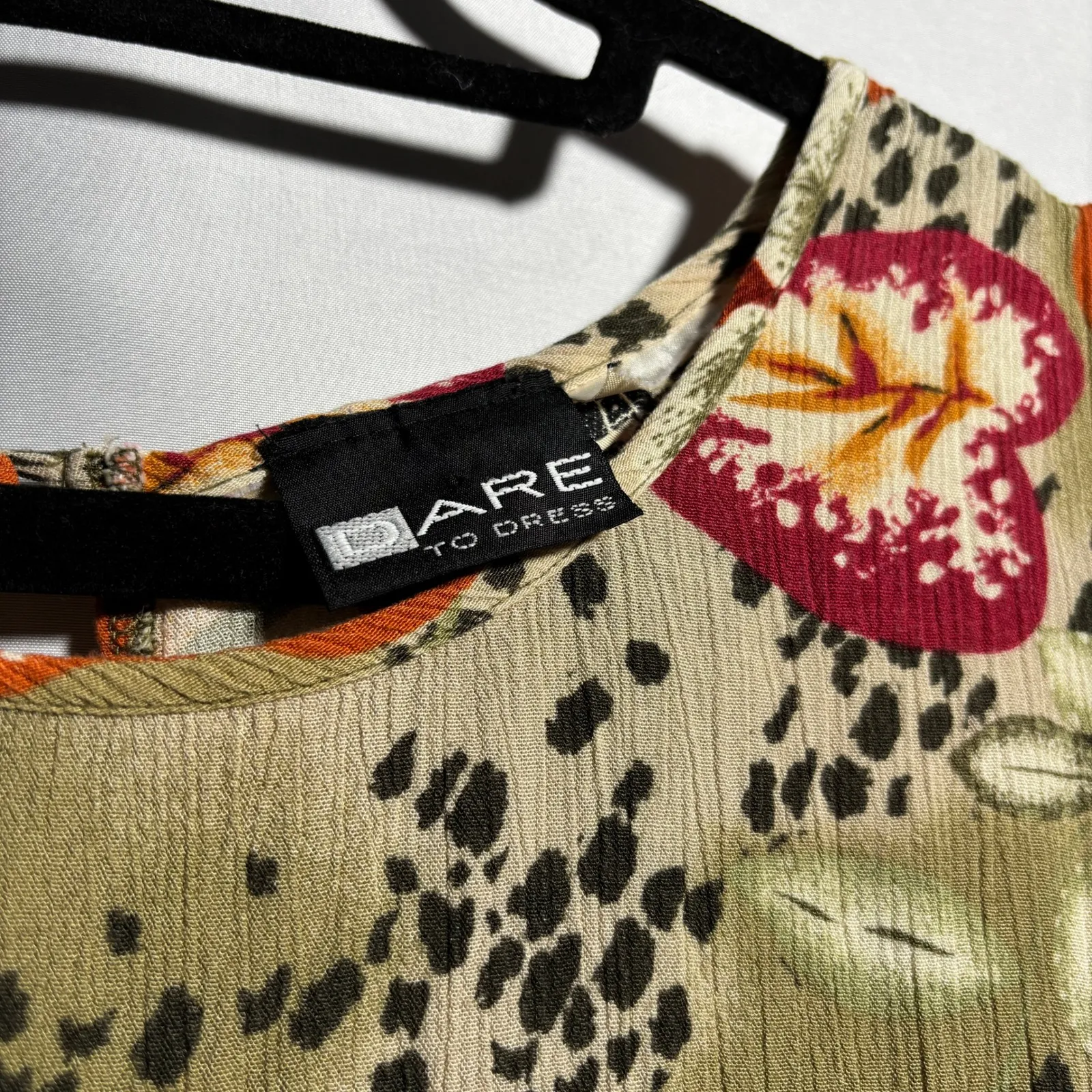 VTG 90s Floral Animal Print Crinkle Rayon Midi Maxi Dress Waist Tie Boho L Retro Tan Size L - Image 3