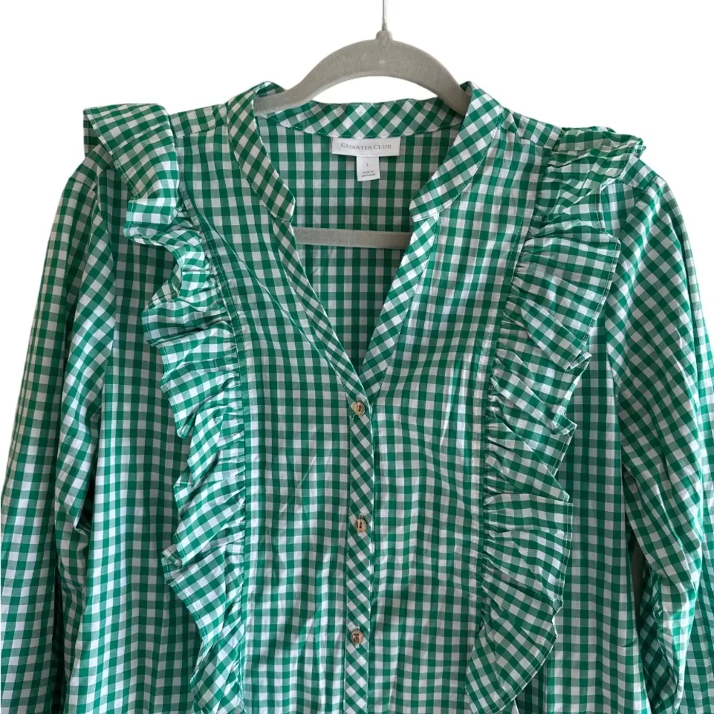 Charter Club Green Gingham Ruffle Blouse Sz L Button Down Long Sleeve Preppy - Image 3