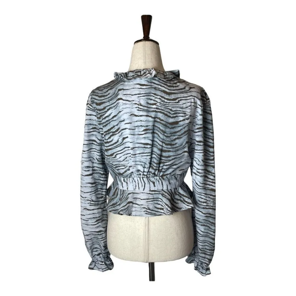 Vintage Havana Blue and Black Animal Print Ruffle‎ Cropped Peplum Blouse XS - Image 2