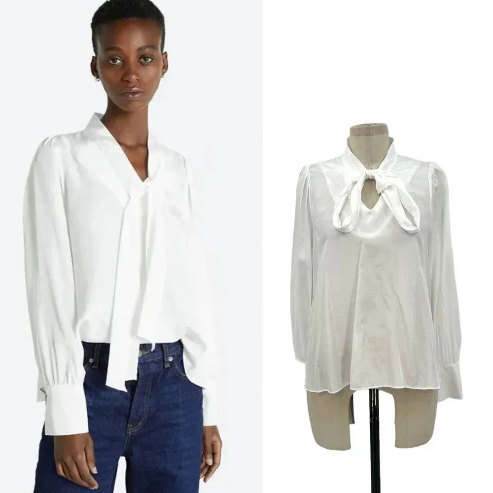 HAVELESS Shine Tie Blouse in White Neck Tie Pussybow‎ One Size Size undefined - Image 2