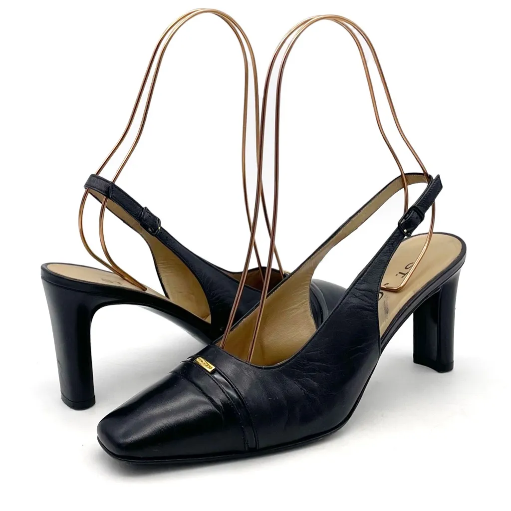 St. John Black Leather Slingback Heels Size 7 Made in Italy Square Toe Pumps VTG - Image 8