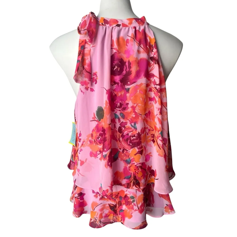 NWT, CeCe High Neck Sleeveless Side Tie Floral Print Tiered Blouse, Sz M - Image 3