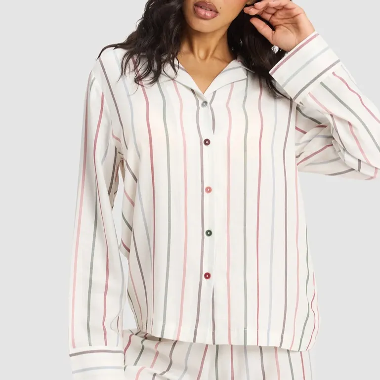 Cozy Earth Woven Long Sleeve Pajama Top Cottage Stripe Size Medium Green - Image 2