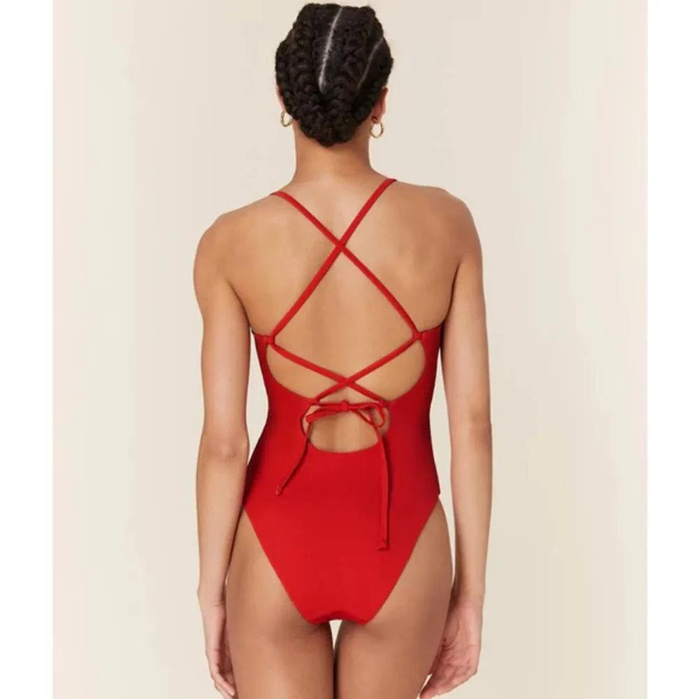 Andie The Fiji One Piece Swimwear Stappy Cami Tie High Leg Cherry Red XS NWT - Image 2