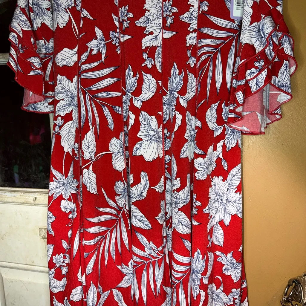 Sami & Jo Red Dress White Floral Design Tie Front Pleated tiered ruffle sleeves - Image 7