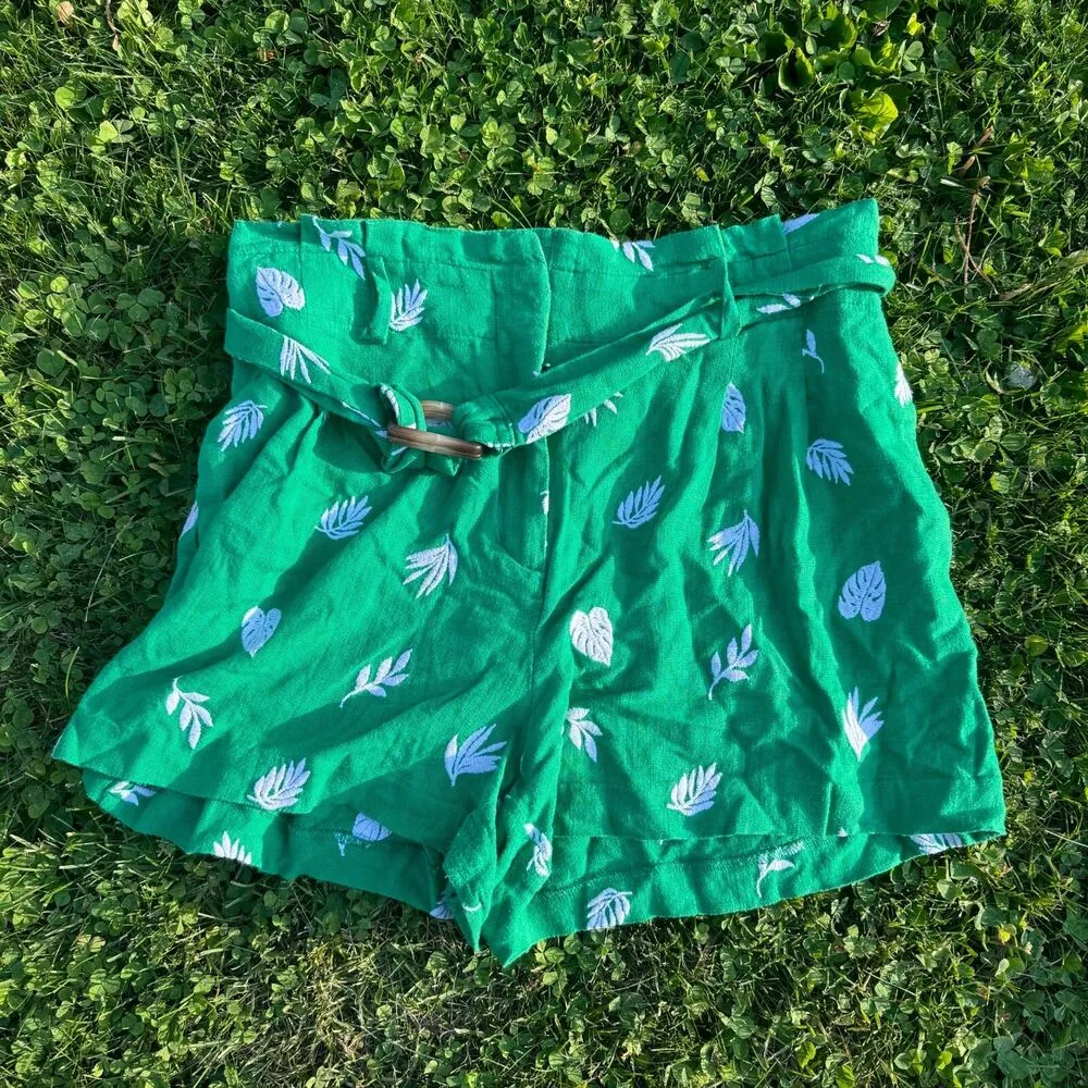 Ann Taylor Shorts 8P Linen Paperbag Embroidered Leaves Belt Pleated Green Pocket - Image 3