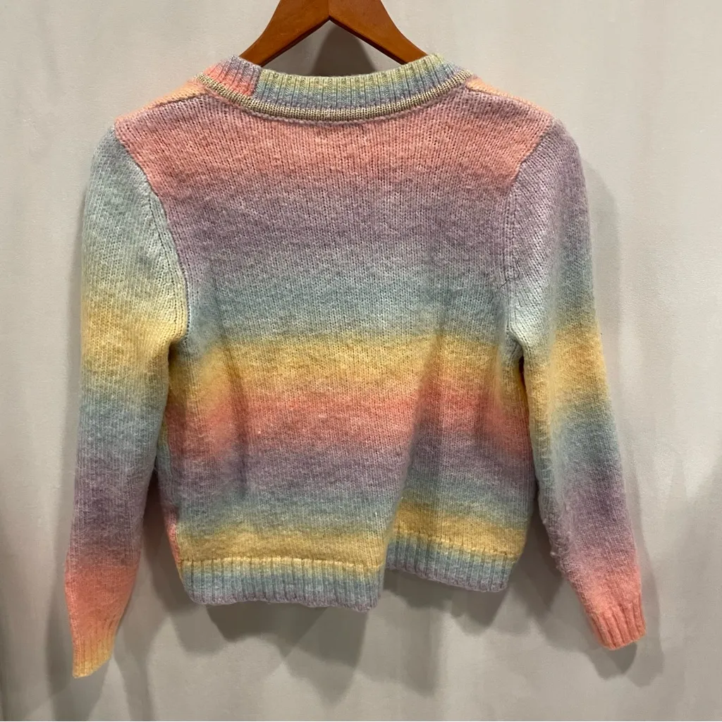 Rainbow stripe soft fuzzy wool blend chunky pearl button cardigan crop sweater - Image 5