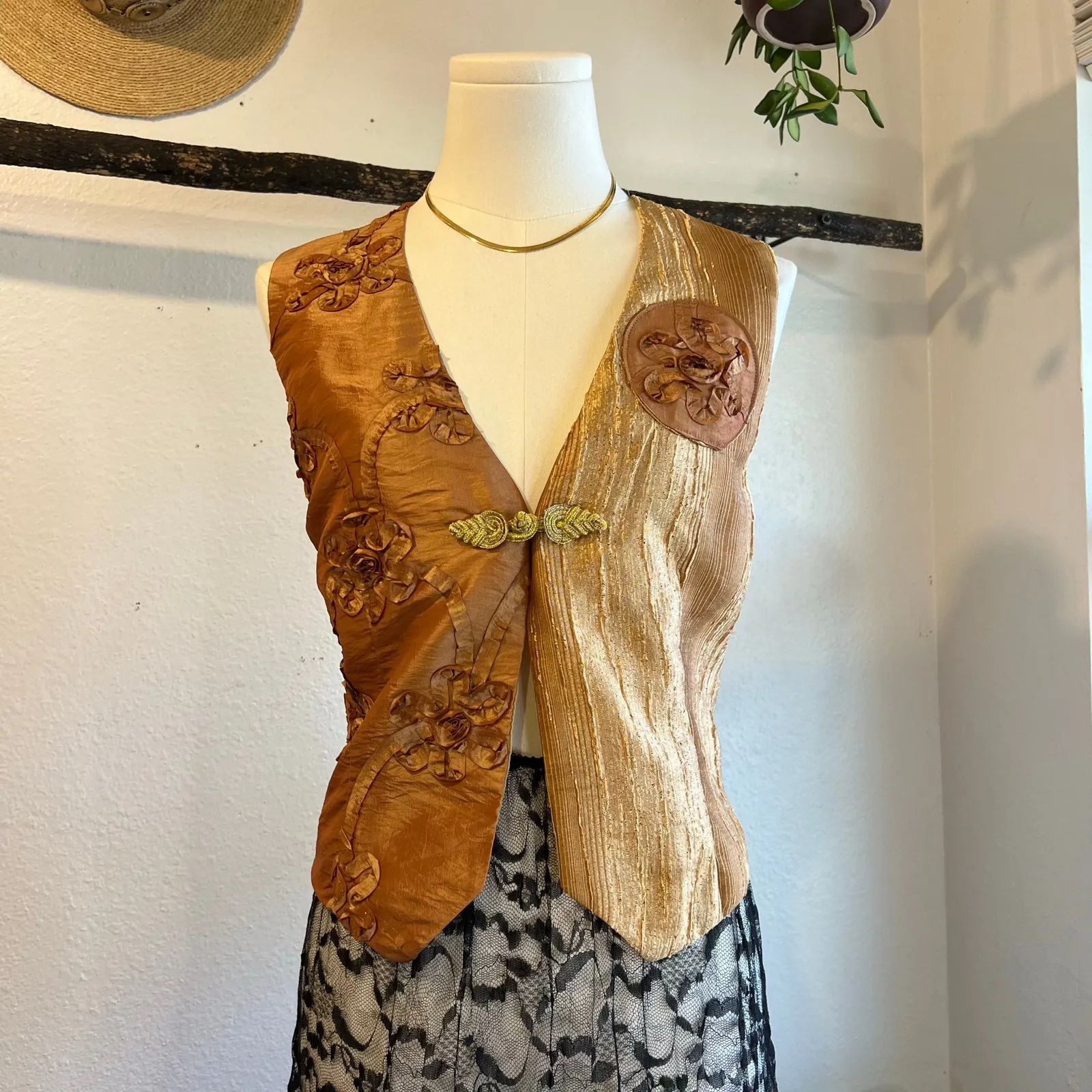 Handmade Vintage Golden Yellow Textured Floral Blouse Vest Top Size Small Gold - Image 10