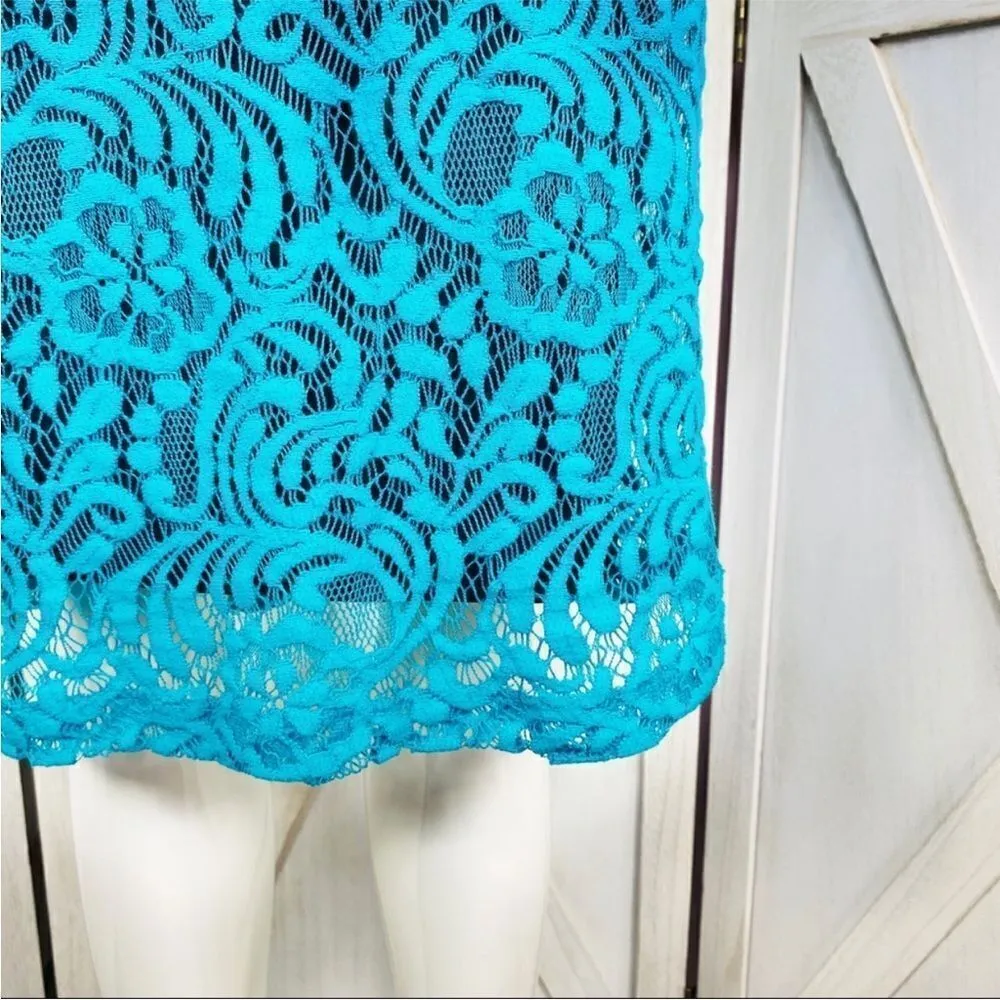 Eva Mendes New York‎ & Co. Lace Sheath Bodycon Dress Teal Black 2 Cap Sleeve Blue - Image 6