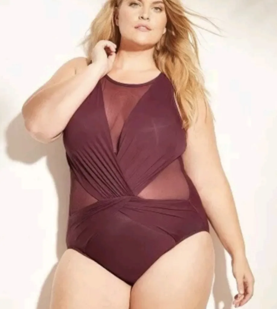 🆕 PLUS 16W 16 1X Plum Purple Mesh Sexy Cut Outs 1pc Swim Suit Swimsuit NEW NWT - Image 1