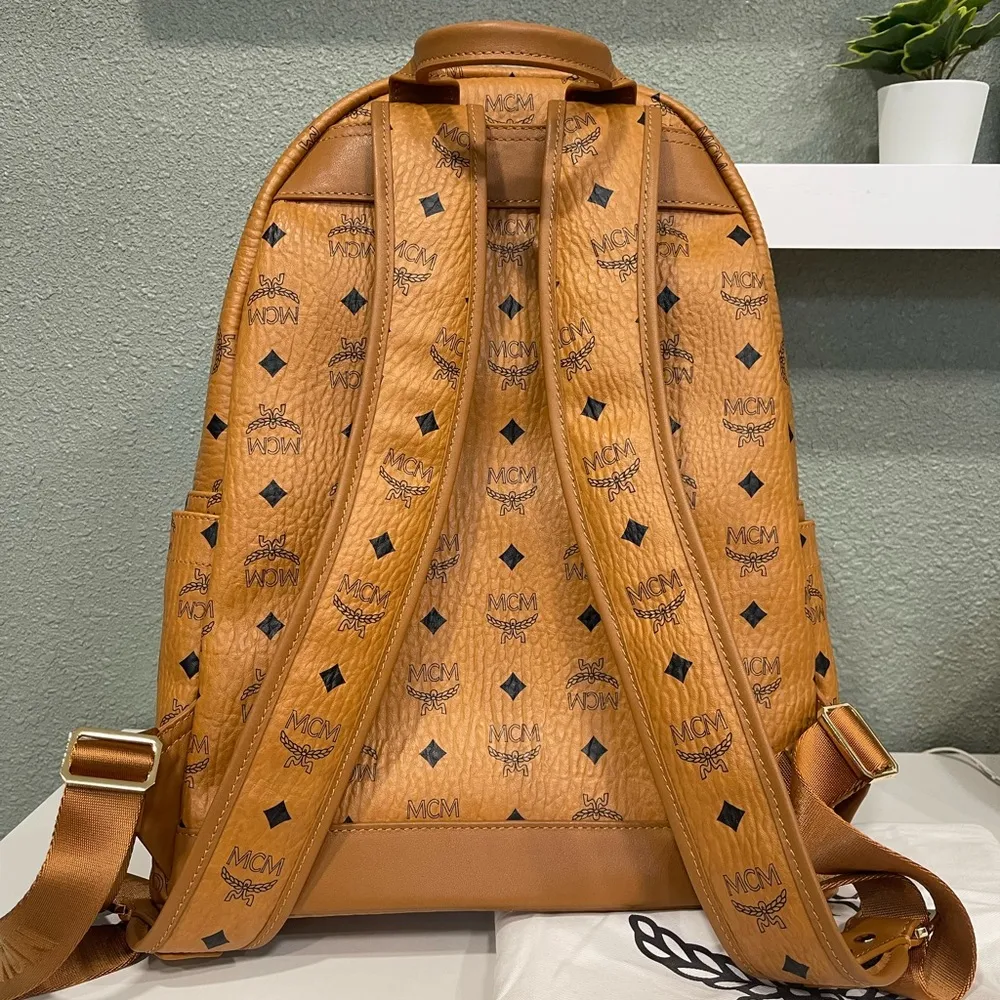 MCM Medium Stark Visetos Studded Logo Cognac Canvas Backpack - Image 2