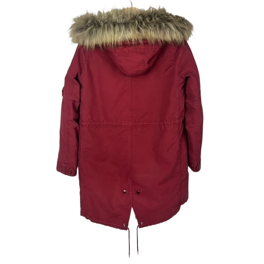 Zara Red Full Zip Cinched Waist Fur Trim Hood Parka Jacket S - Image 2