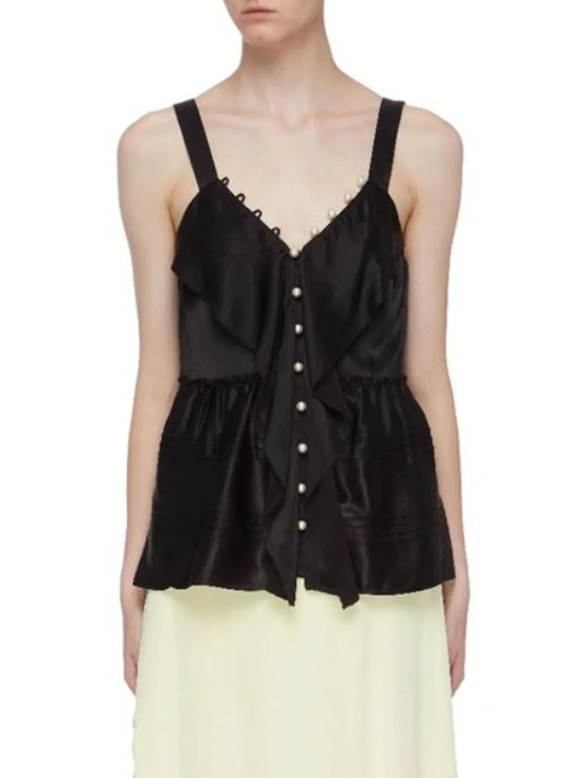 3.1 Phillip Lim Satin Pearl Button Ruffle Cascade Tank Top Black Women's Size 0 - Image 1