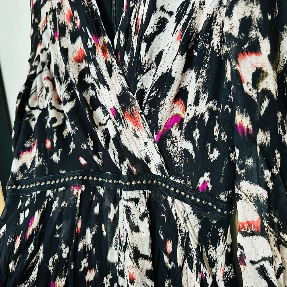 ALLSAINTS Lizia Wing Silver Studded Black Floral Asymmetrical Rocker Dress Size2 - Image 8