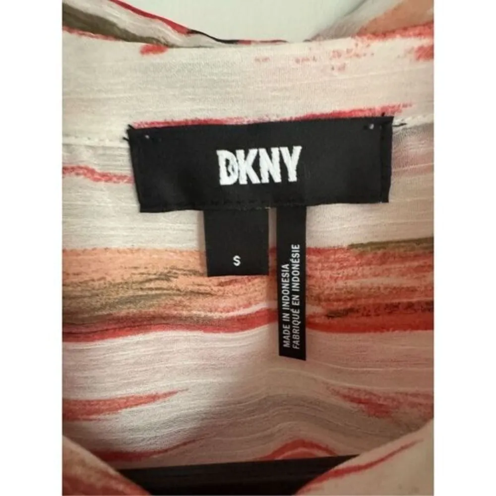 DKNY Women's Sheer Abstract Chiffon Dolman Sleeve Button Top sz S Artsy Beachy - Image 5