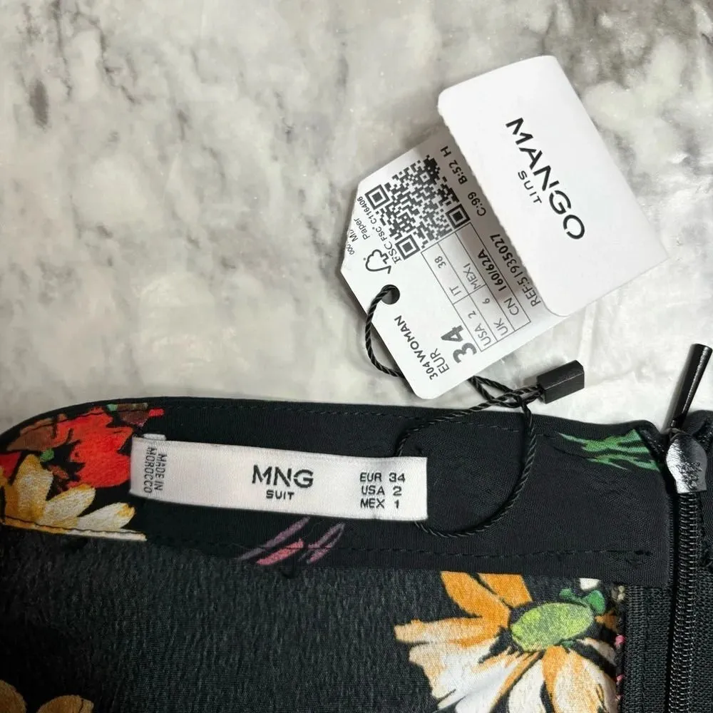 MANGO MNG Floral Print Black Yellow Midi skirt with Belt size 2 NWT New - Image 4