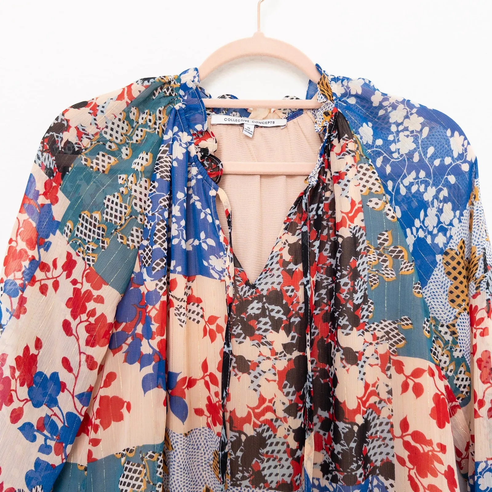 Womens Blouse Size S Multicolor Long Sleeve Floral Patchwork Boho Artsy Flowy - Image 2