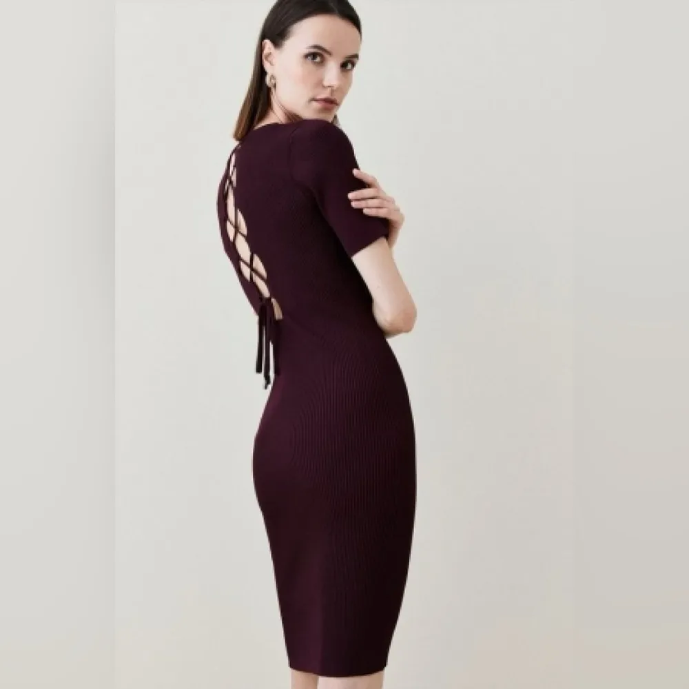 Karen Millen Lace Back Rib Knit Midi Dress in Burgundy ~ Size Large - Image 11