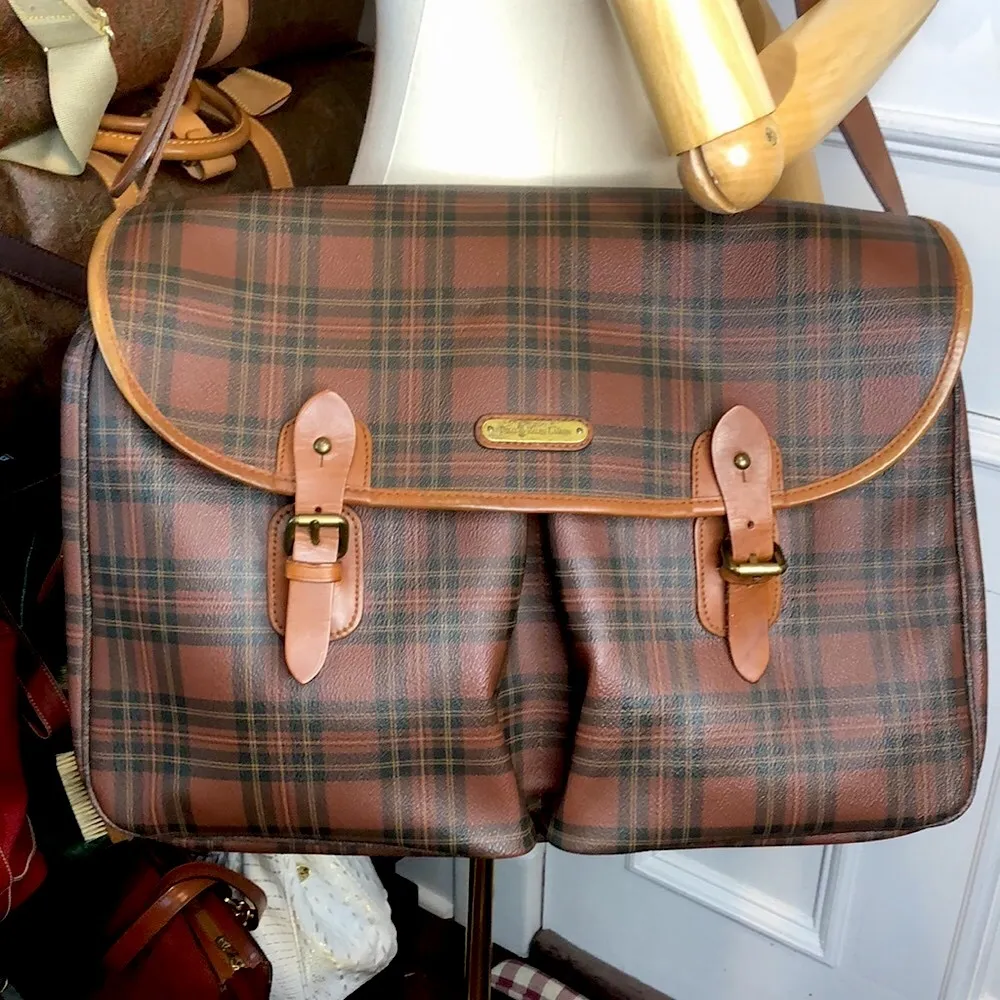 Brown Green Tartan Plaid Computer Crossbody Tote Messenger Bag Rare - Image 15