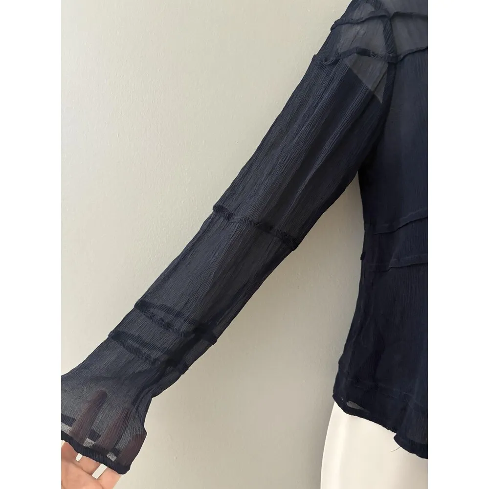 Boston Proper Blouse Womens 4 Navy Blue Silk Sheer Button Front Whimsy Luxury - Image 2
