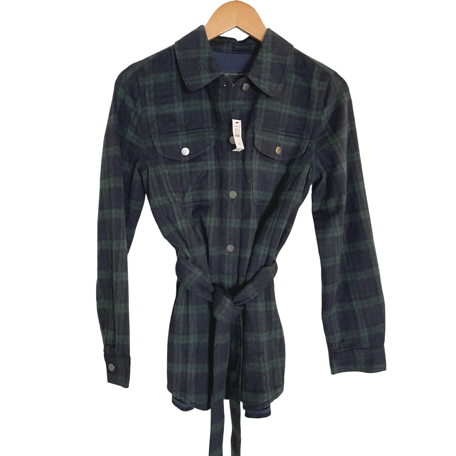 Talbots XS Plaid‎ Shirt Jacket Belted Green Black Fabric Woven in Italy - Image 2