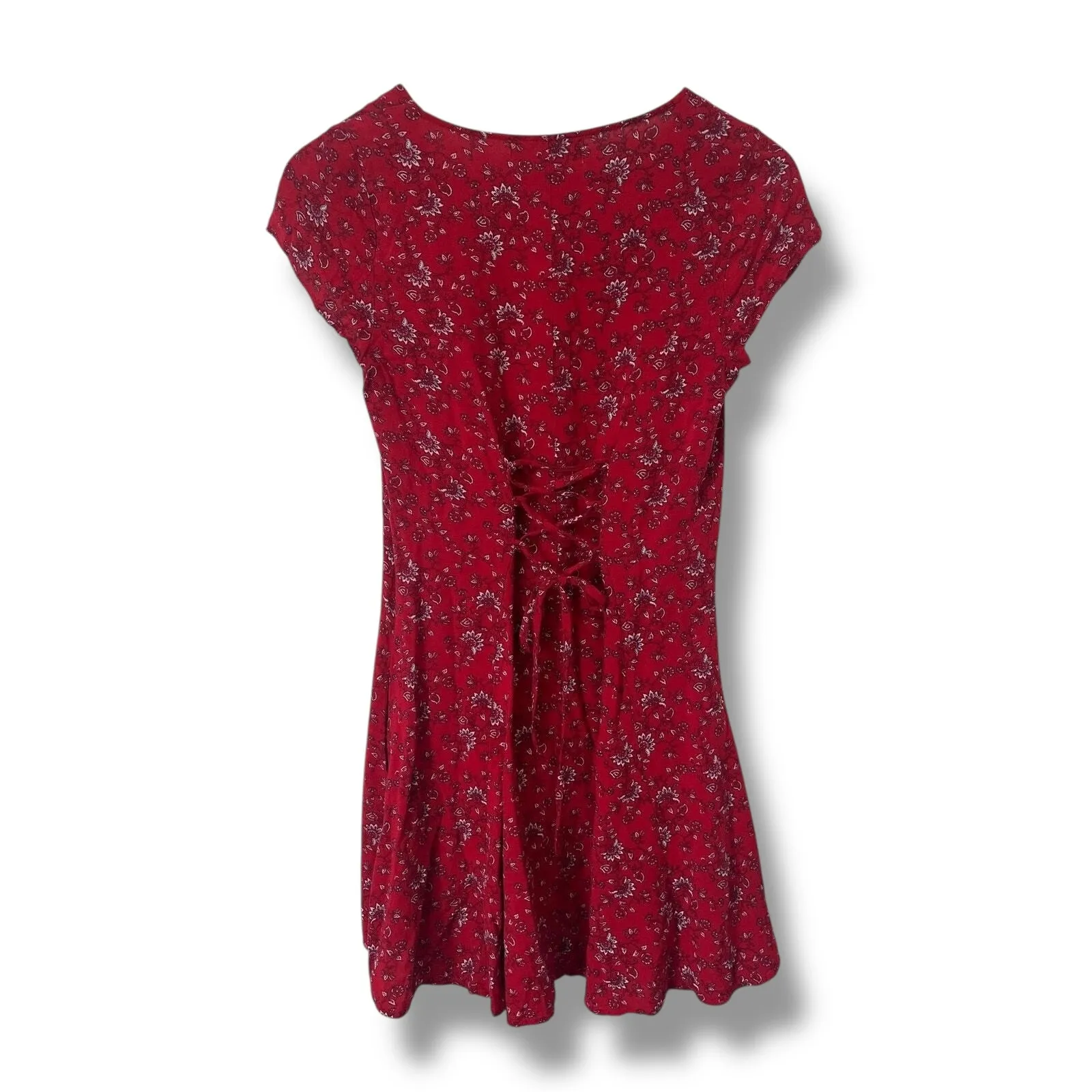 Band of Gypsies 90s Y2K Look Mini Dress Lace Up Back Red‎ Paisley Floral XS - Image 2