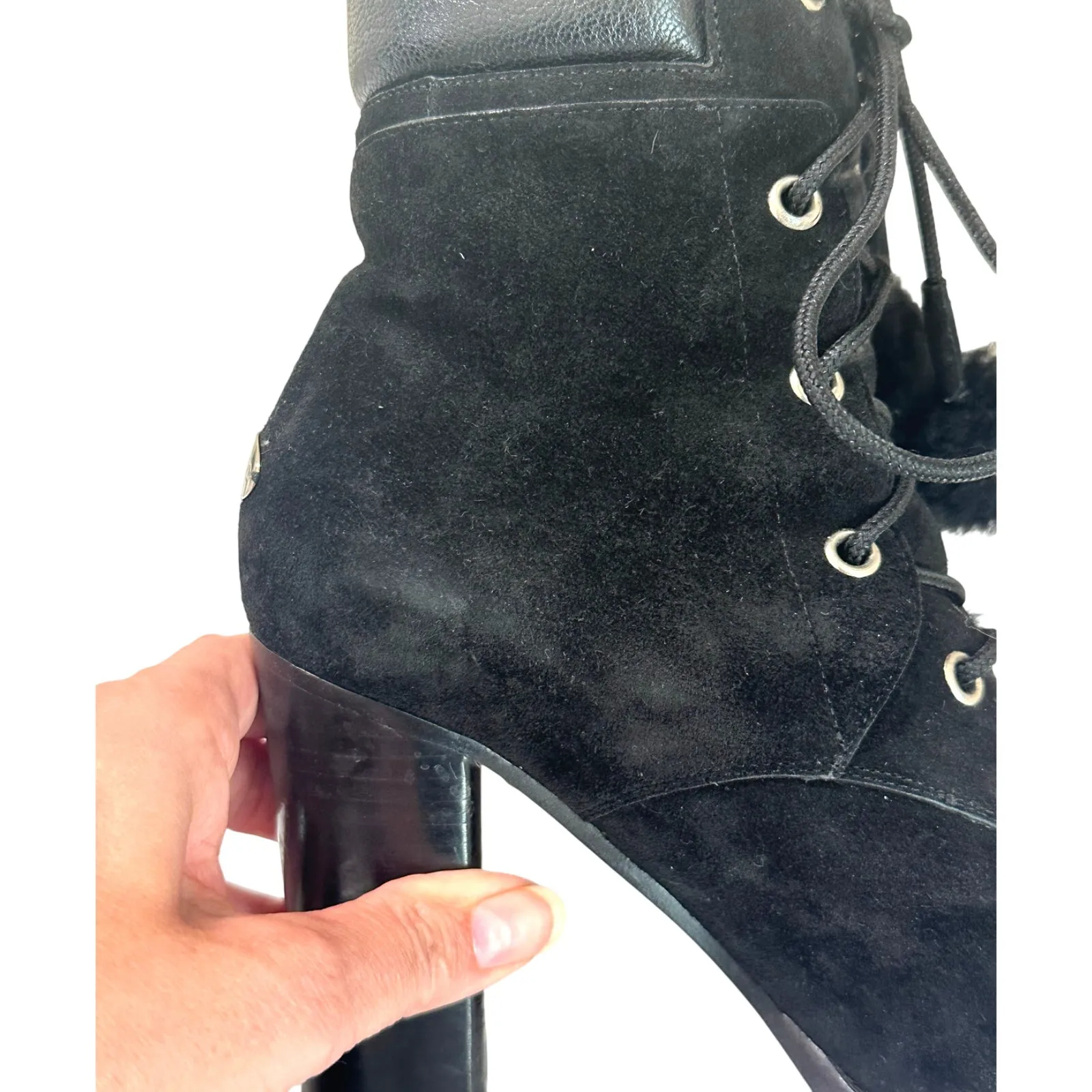 Jimmy Choo Elba 95 Black Suede Fur Pom Pom Lace-Up Boots Size IT 37 US 7 - Image 11