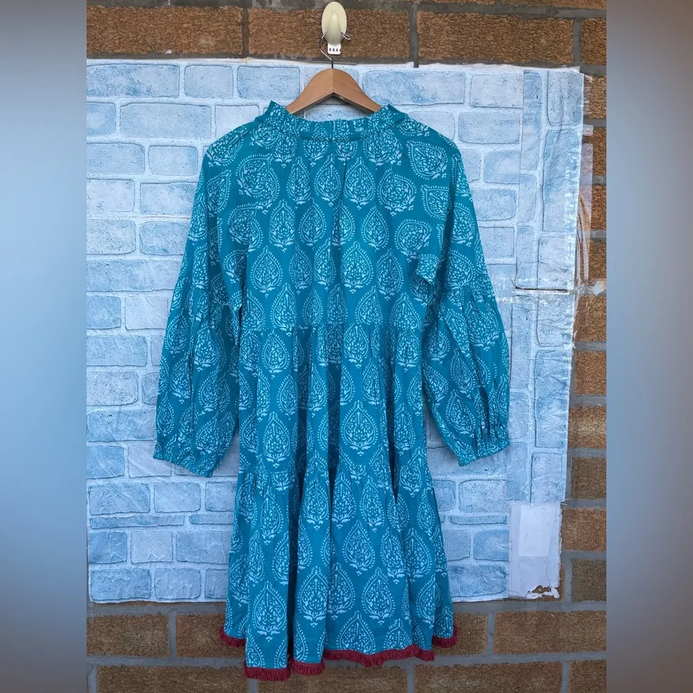TUCKERNUCK Tropical Teal Lantern Block Print Tie Neck Coverup Dress Size Medium Blue - Image 7