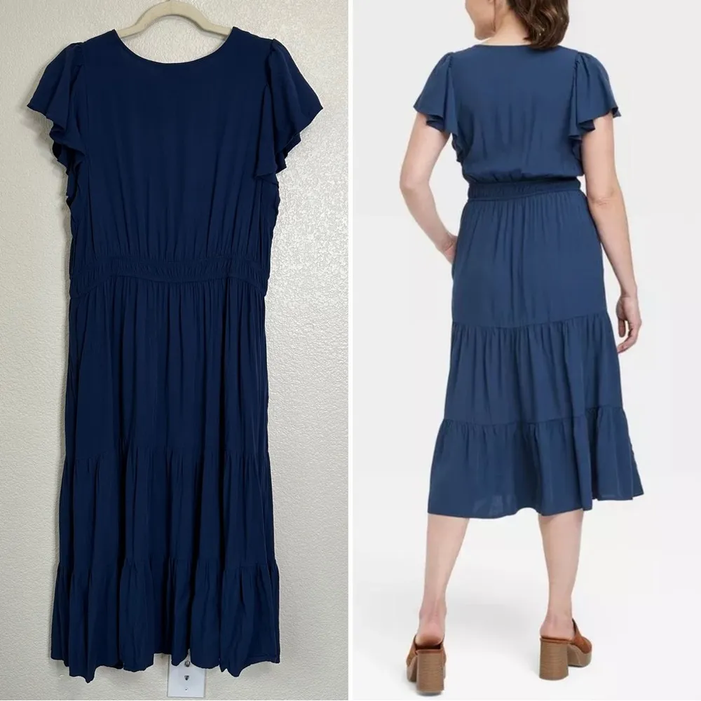Knox Rose Navy Blue Flutter Short Sleeves Tiered Midi Dress, Size XL - Image 6