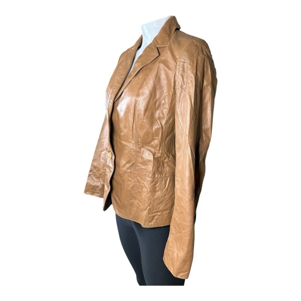 Jones New York Jacket Brown 100% Leather Collared Buttons Pockets Lined Size 6 - Image 2
