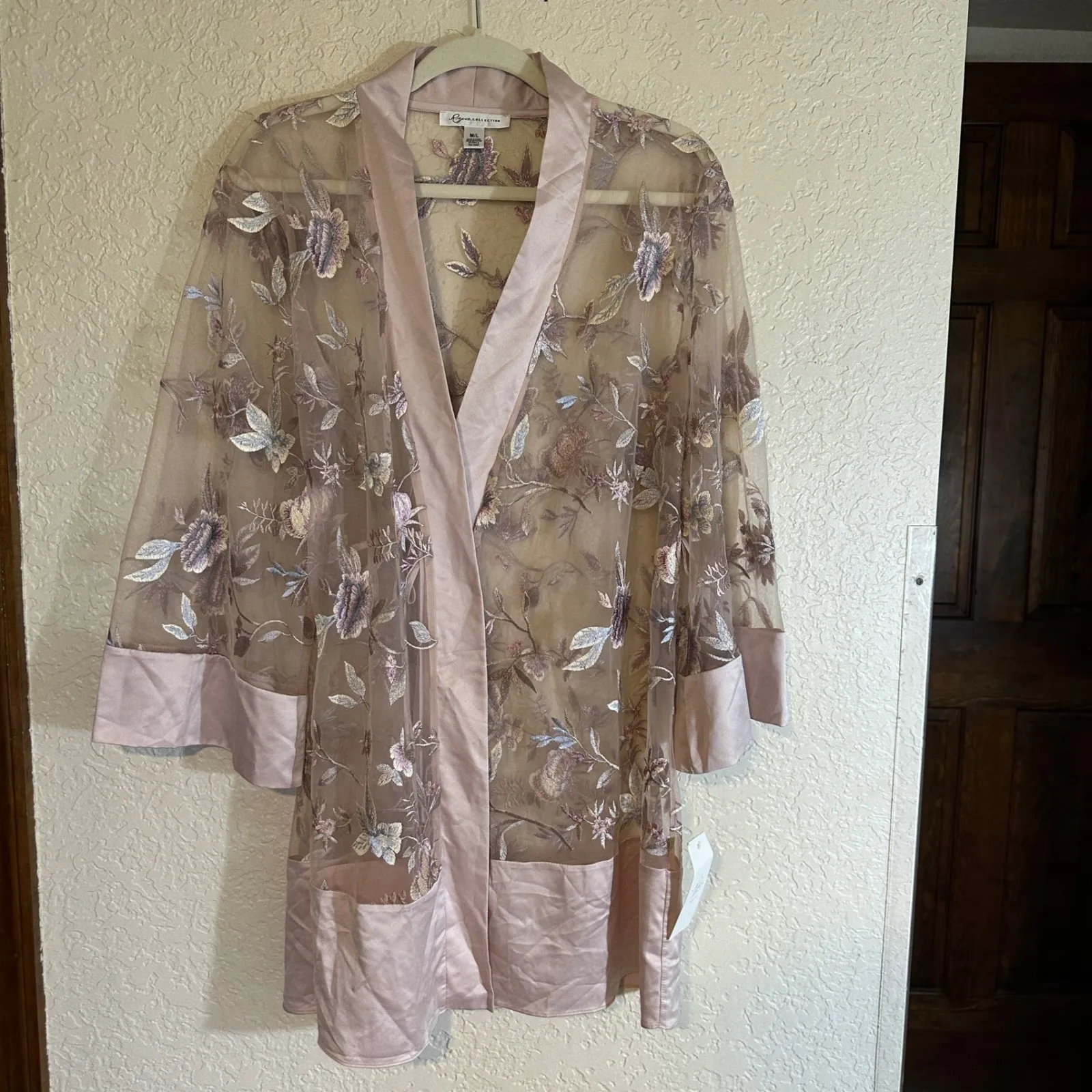 Rya Collection Sepia Rose Embroidered Mesh Kimono Robe Cover Up M L Tan Size L - Image 10