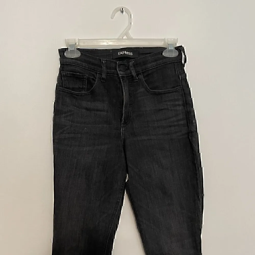 EXPRESS Stretch+ Denim Perfect High Rise Legging Black High Waisted Raw Hem 0 - Image 3