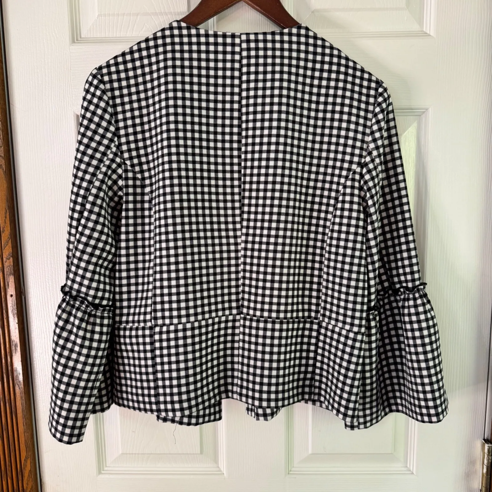 Soho Apparel Gingham Blazer Ruffle Bell Sleeve Career Jacket Black White L - Image 7