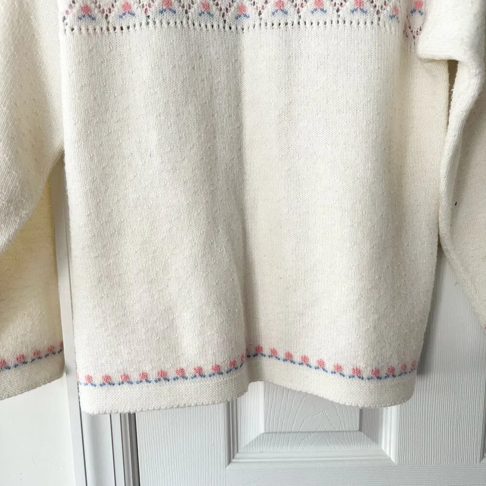 College Point Wintuk Orlon Acrylic Beige Cottagecore Floral Print Cardigan M USA Pink Size M - Image 10