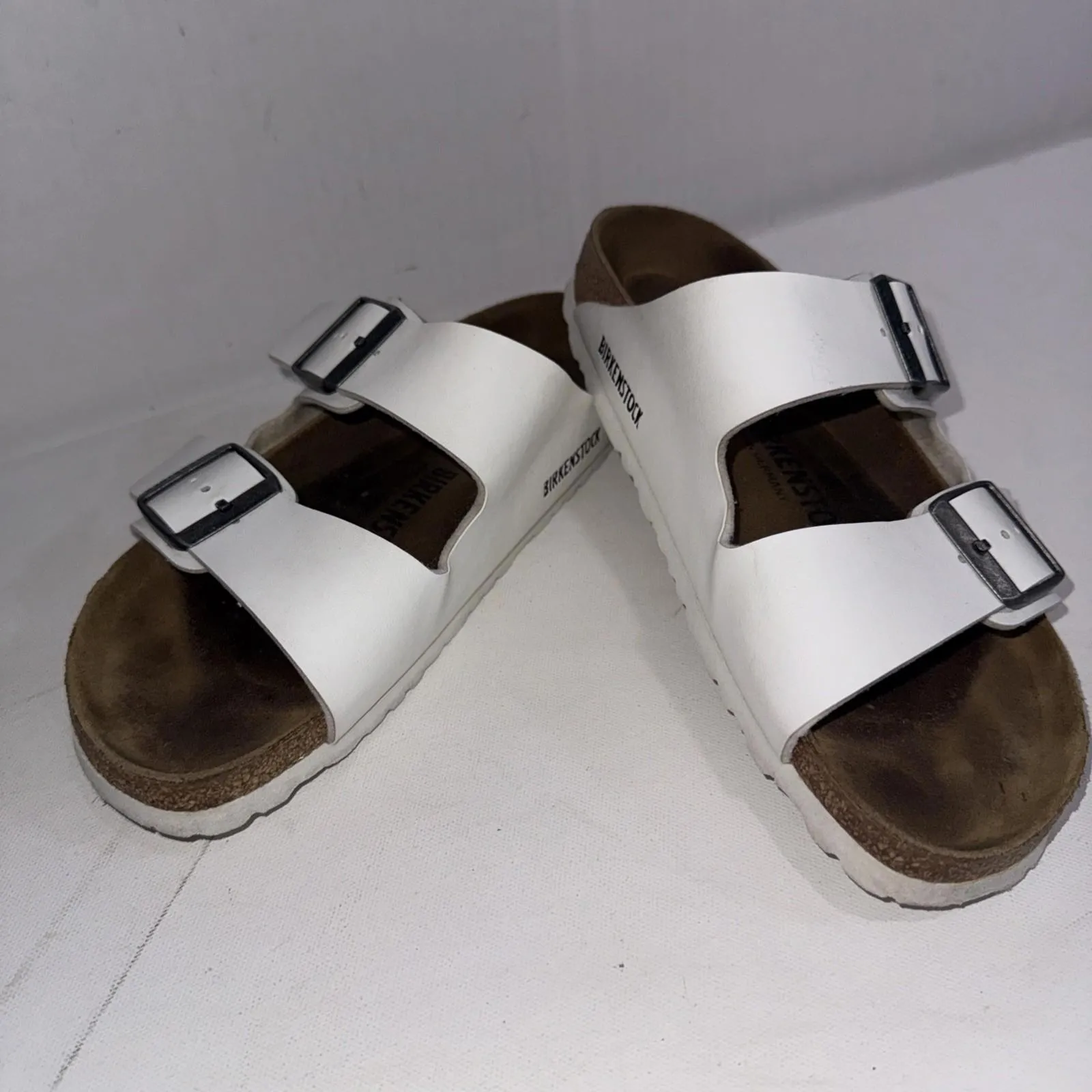 Birkenstock Arizona White Leather 2 Strap Slip On Slide Gorpcore Sandals W8 EU39 - Image 15