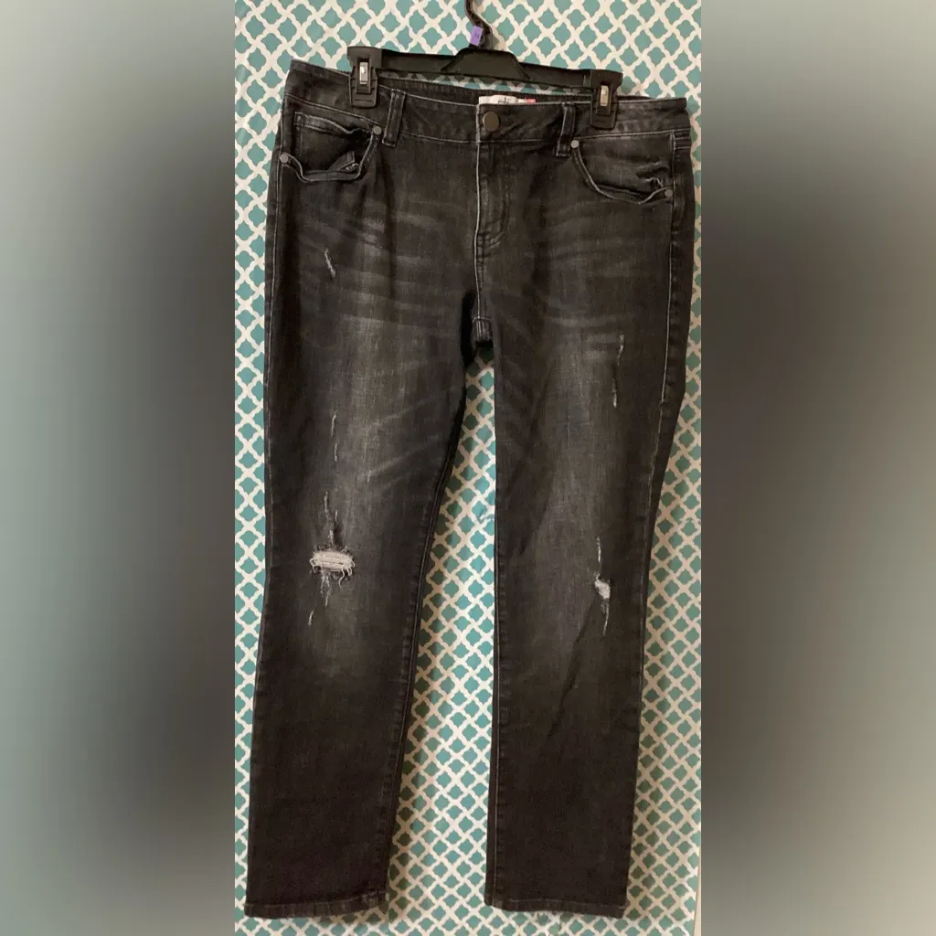 CAbi Black Slim Boyfriend Jeans dark wash distressed women’s size 12 - Image 3