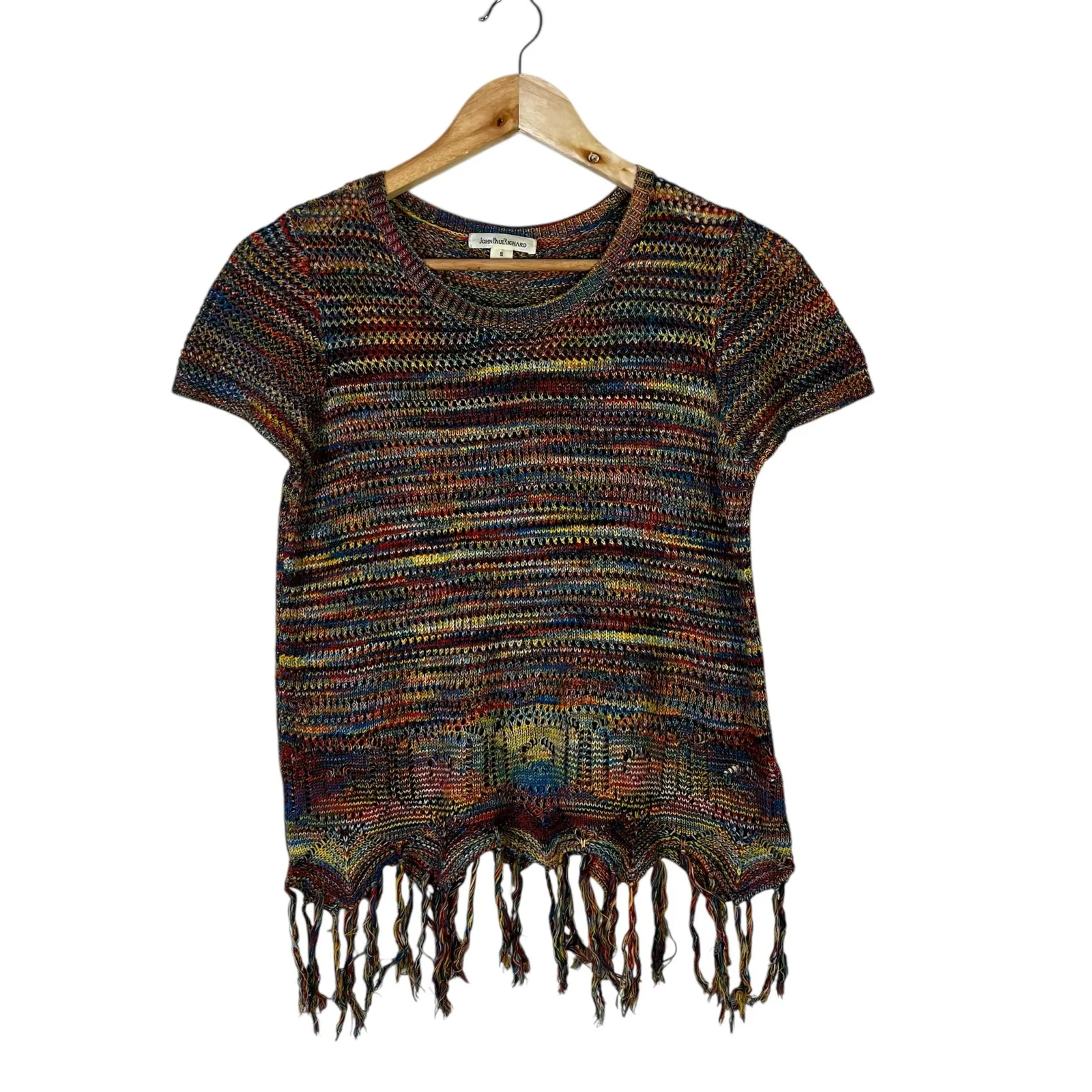 John Paul Richard Fringe Knit Top Womens S Multicolor Boho Festival Hippie 70s - Image 2