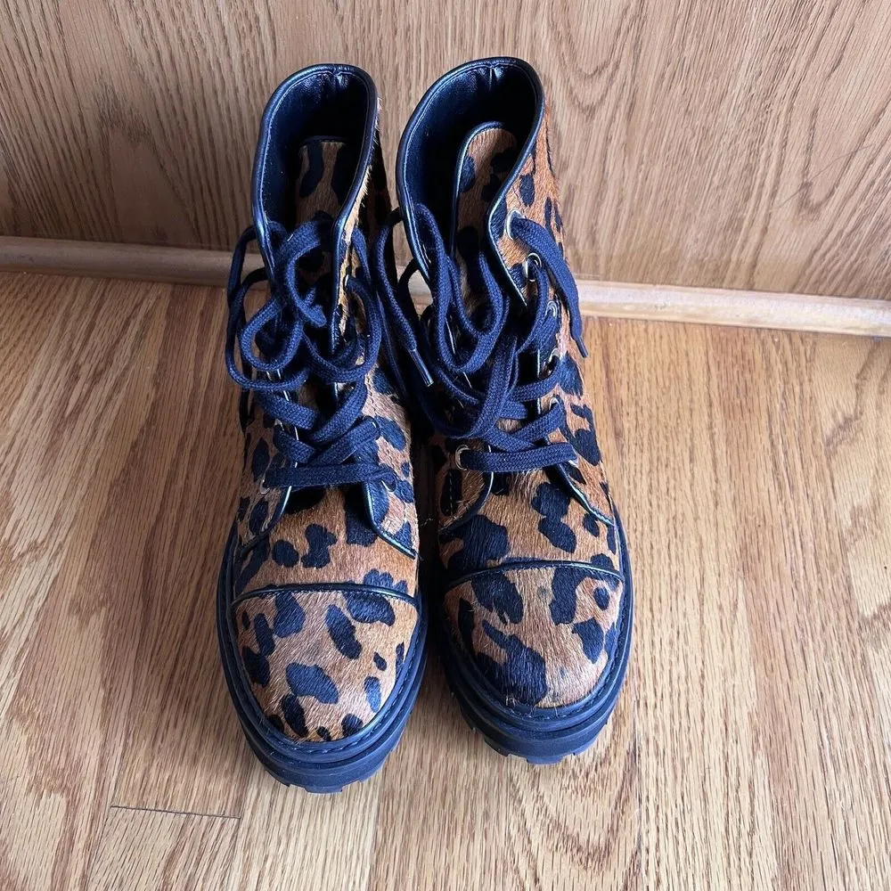 SCHUTZ Maylova Leopard Combat‎ Boot Lugged Calf Hair Lace Up Women's 6B - Image 2
