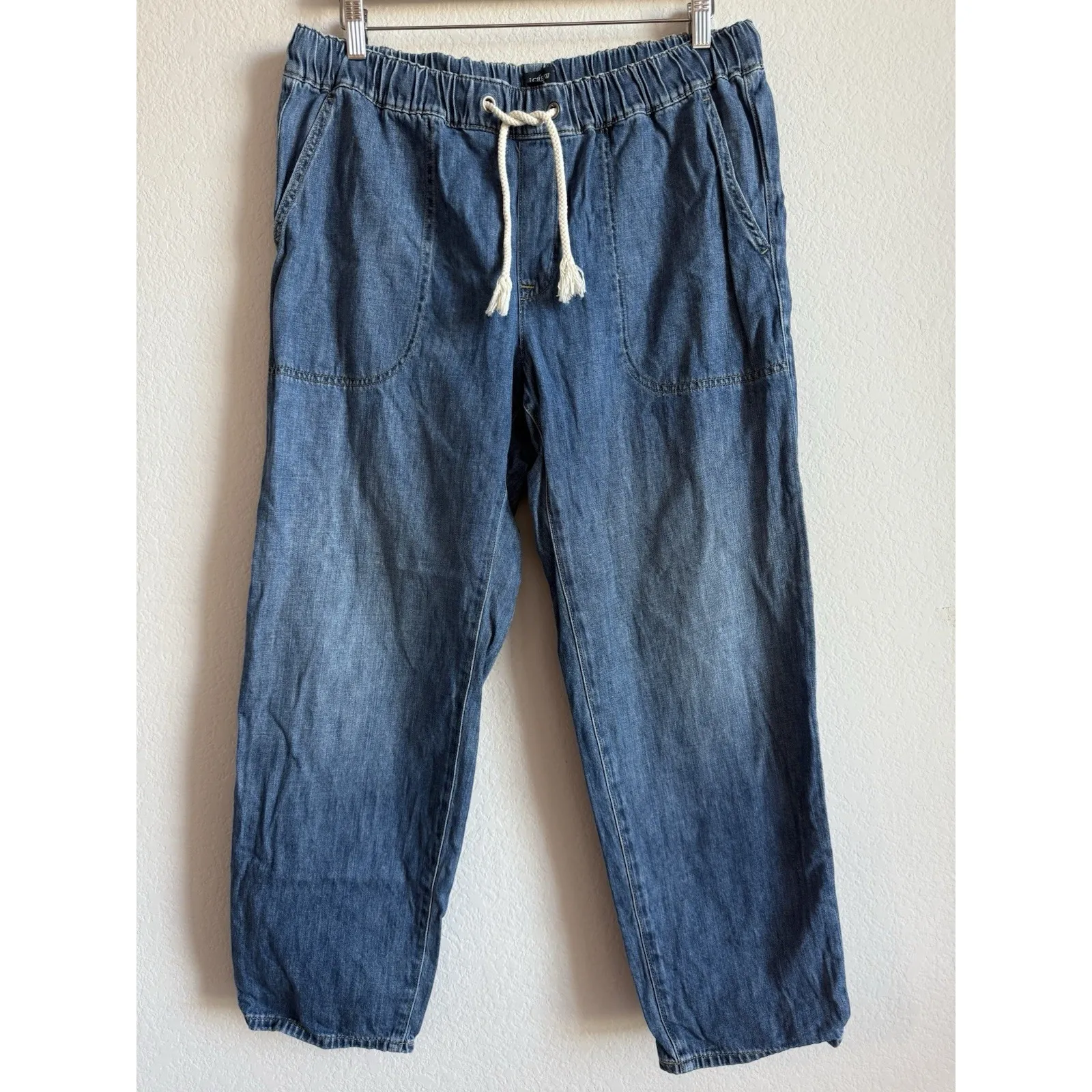 J.Crew  Denim Chambray Pull On Drawstring Straight Leg Pants Womens Sz 31 Relaxed - Image 6