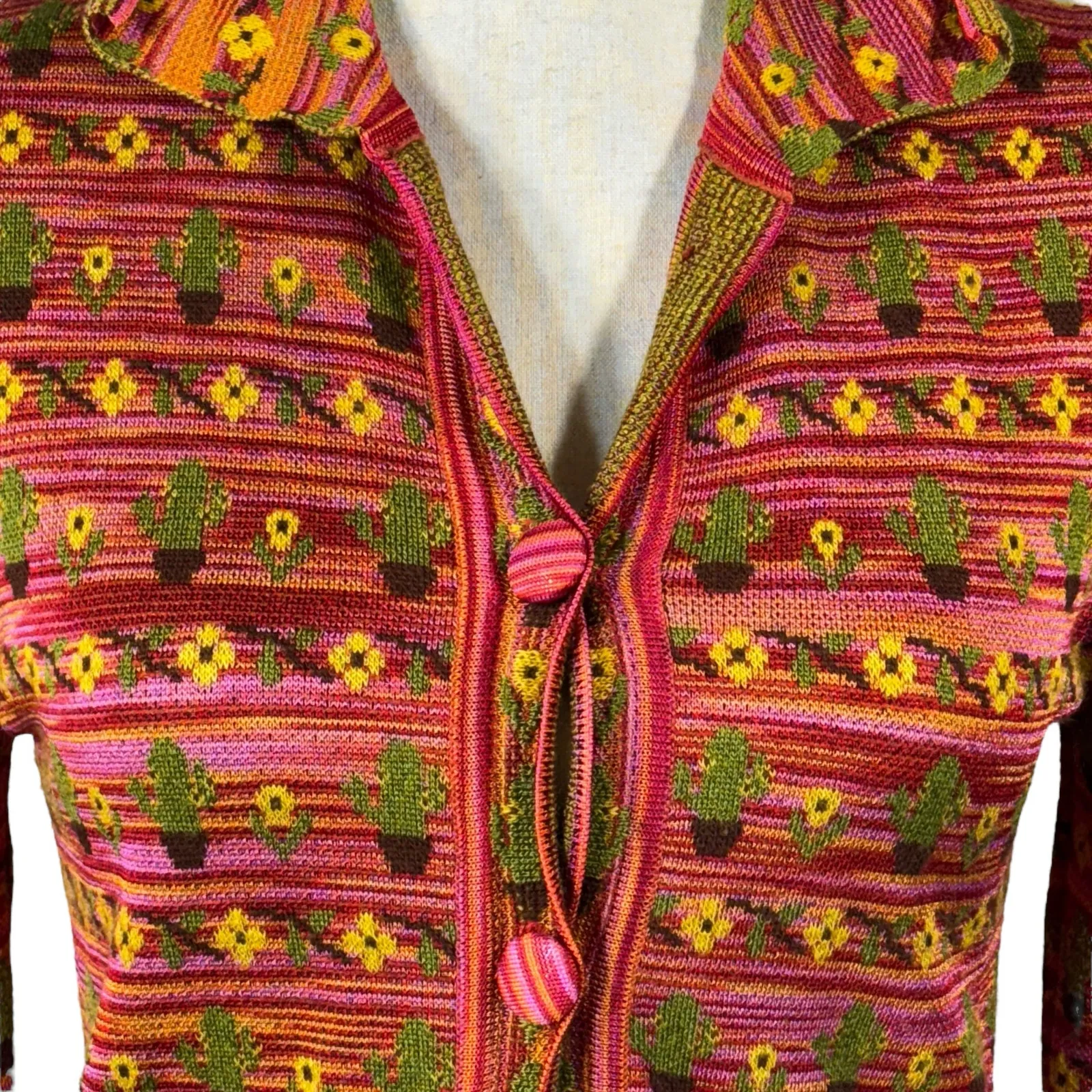 Zara Small Cardigan Button-Up Stretch Cactus Floral Collared Long Sleeves Multi - Image 2