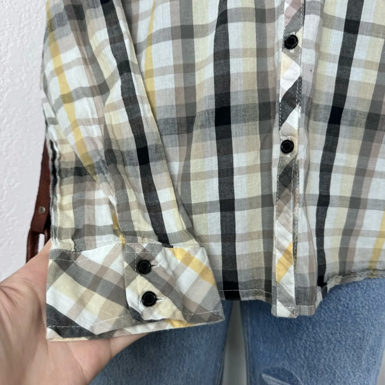 BKE Plaid Babydoll Top Button Front Sheer Lace Western Cowgirl Buckle - Image 6