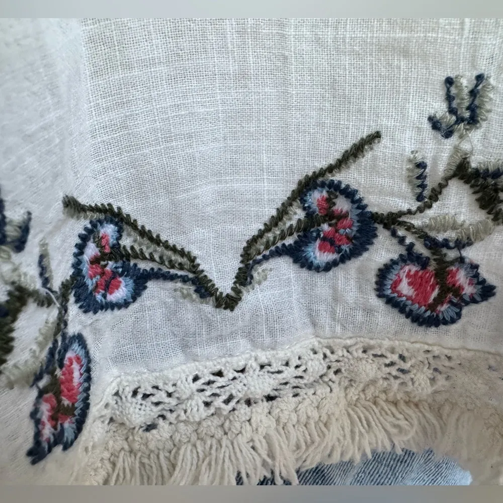 Boho floral Embroidered Cotton Tank Top‎ Fringe Hem Tassel Tie cream Red - Image 7