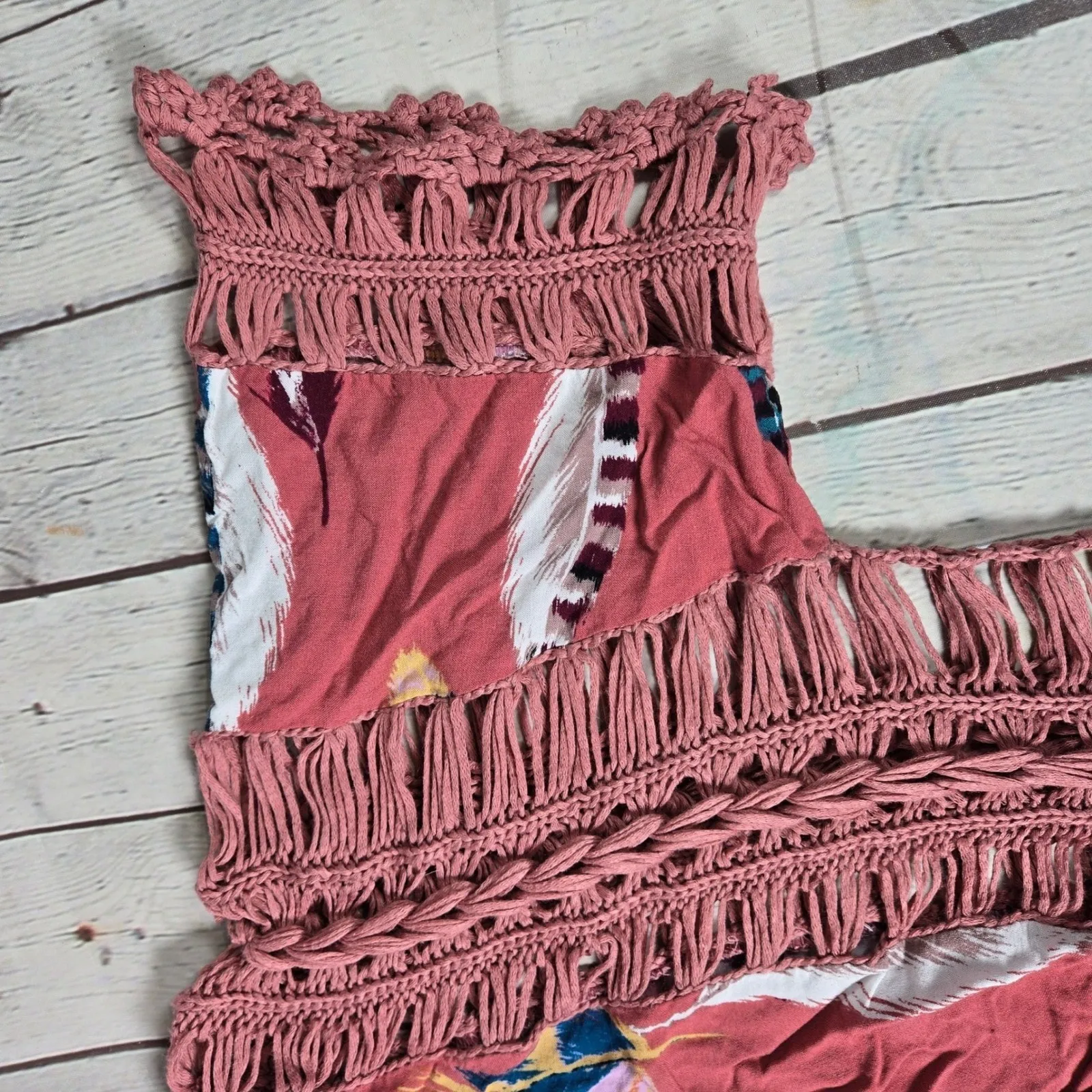 Vivid Importers Boho Feather Crochet Fringe Tunic Top Blouse Rose S Pink - Image 6