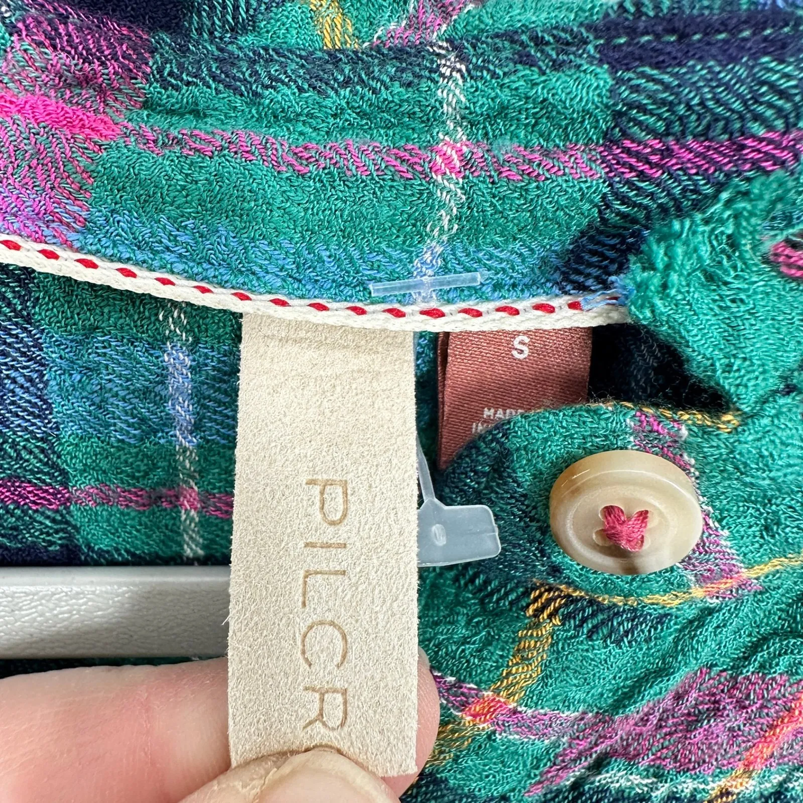 PILCRO by Anthropologie Plaid Popover Shirt Green Pink Blue Yellow Fringe Collar - Image 5