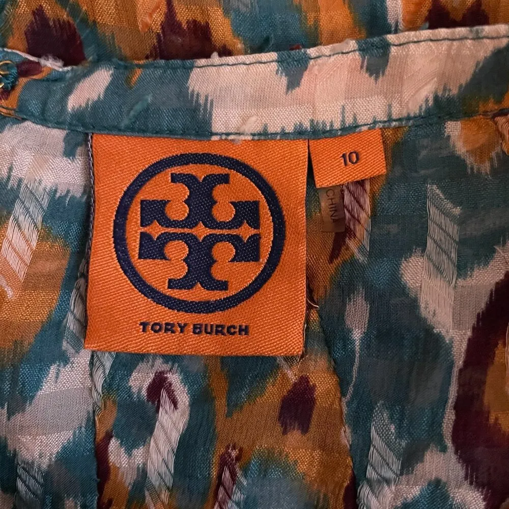 Tory Burch Women 10 Blue Orange Ikat Boho Print Blouse Silk Layered Ruffle - Image 10