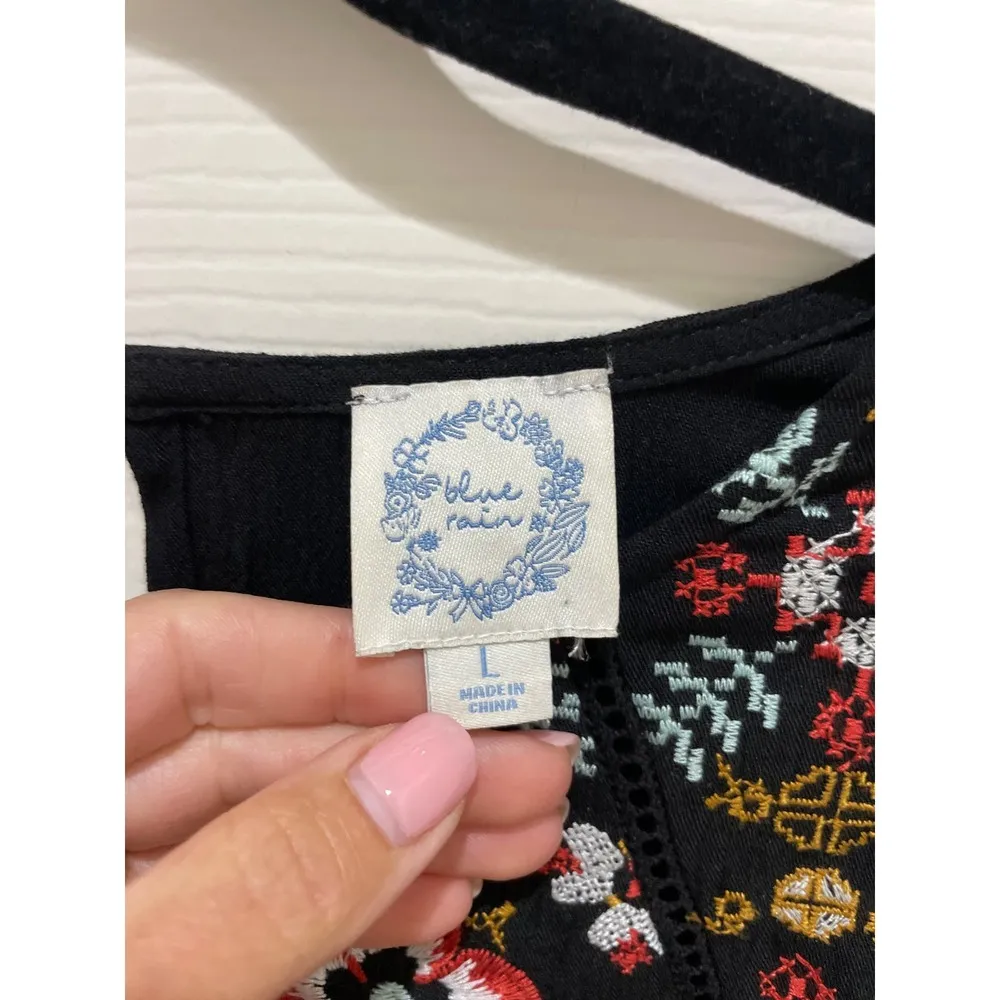 Francesca’s Blue Rain Black And Floral Embroidered Bell Long Sleeve Mini Dress - Image 4