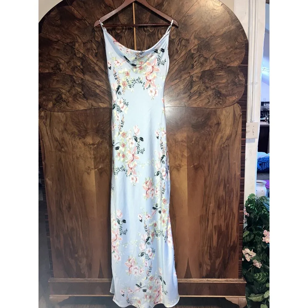 BEBE Cowl Neck Maxi Dress Size Small S Satin Slip Dress Blue Floral FEMININE - Image 3