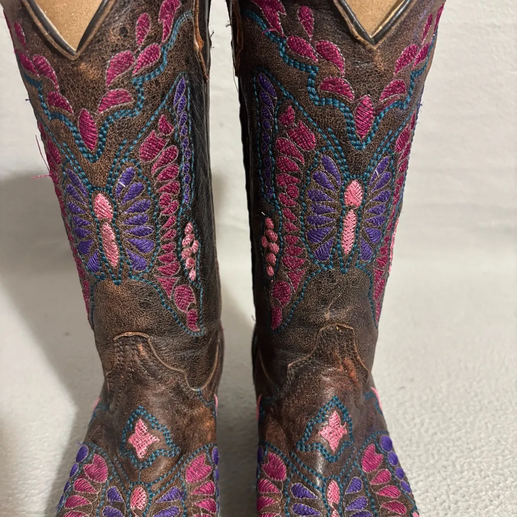 Corral Teens size 4T Brown Leather Embroidered Butterfly Western Boots snip toe - Image 5